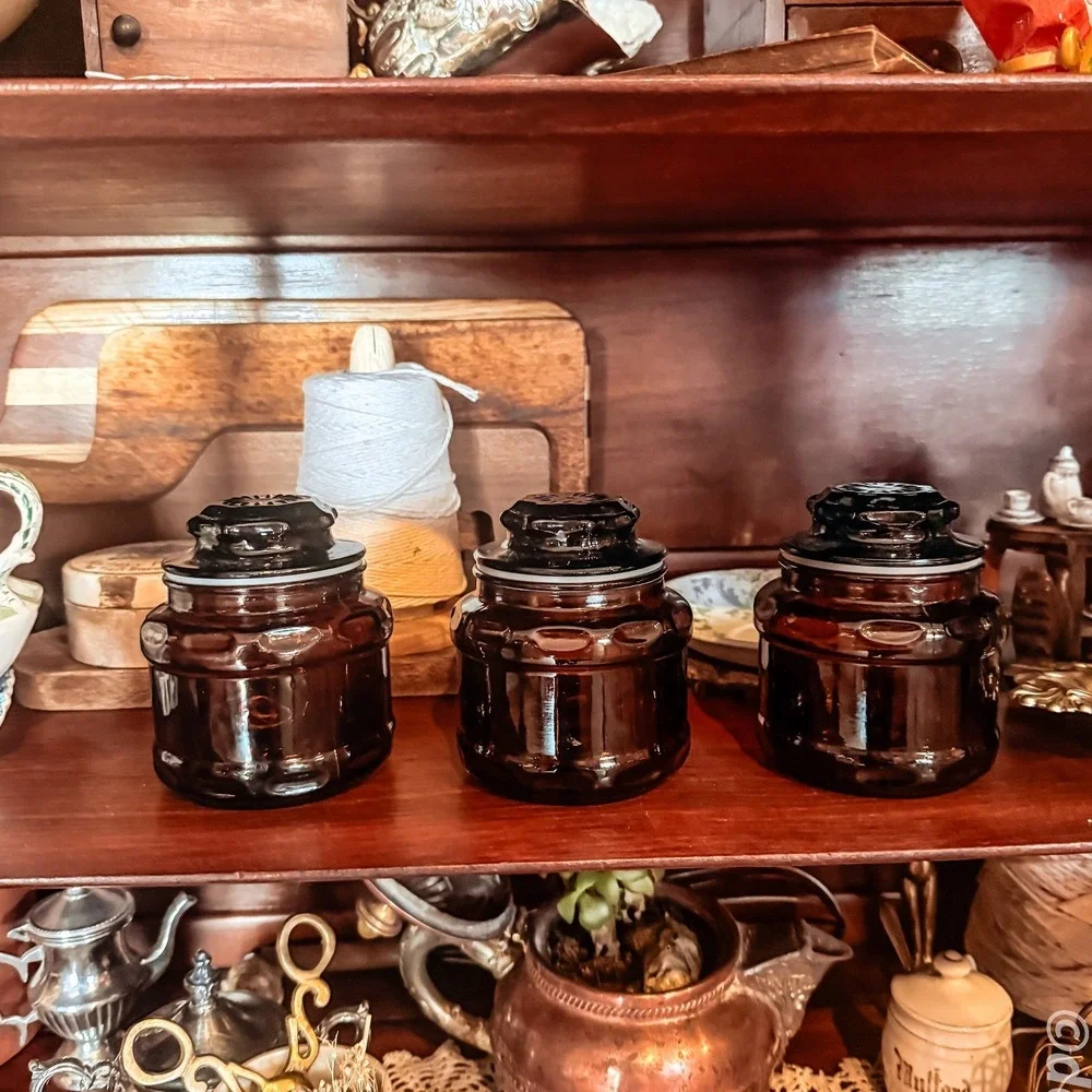 Vintage Amber Brown Glass Apothecary Jar Canisters with  Matching Lid